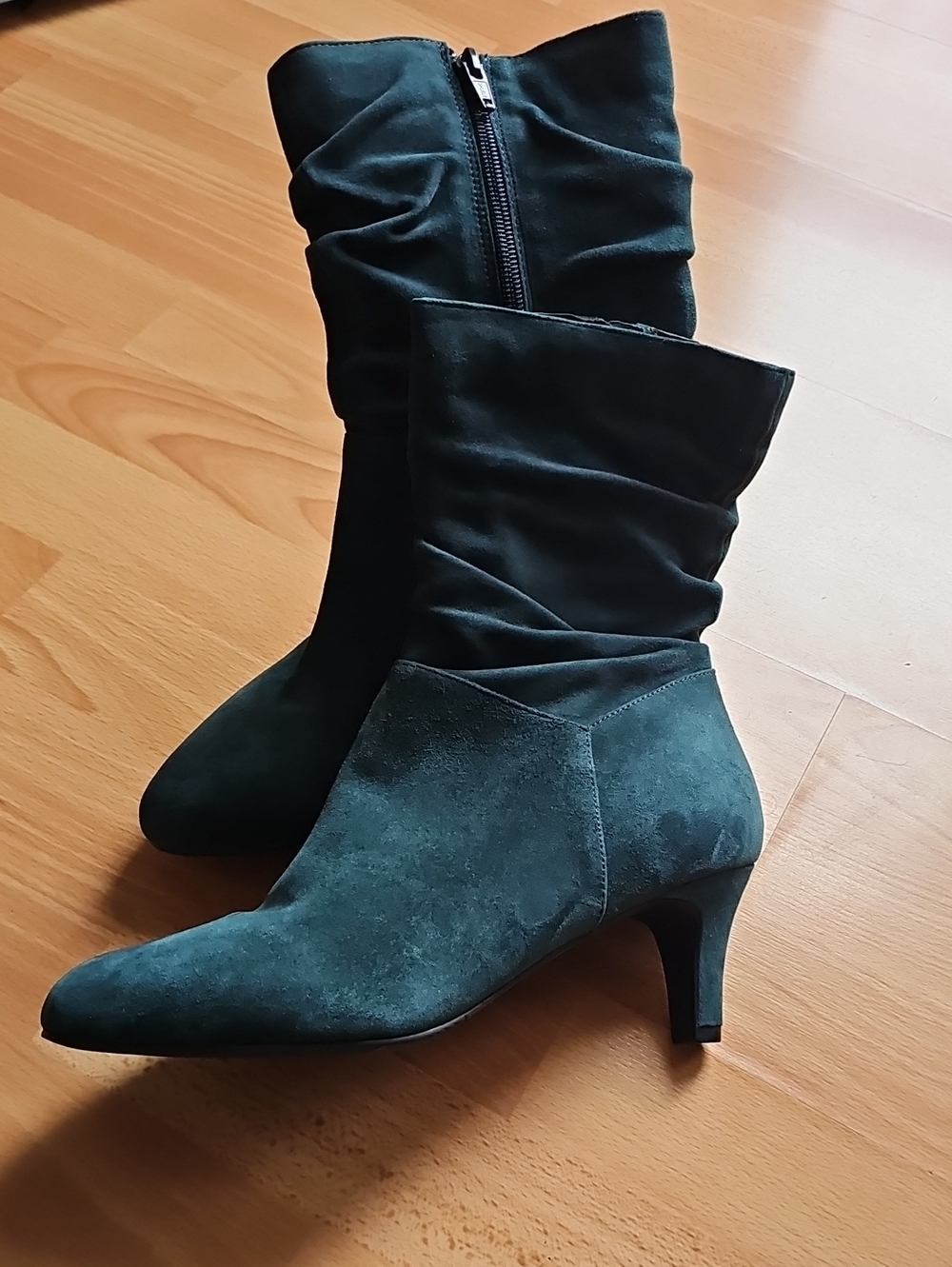 Classic Green Suede Mid-Calf Heeled Boots